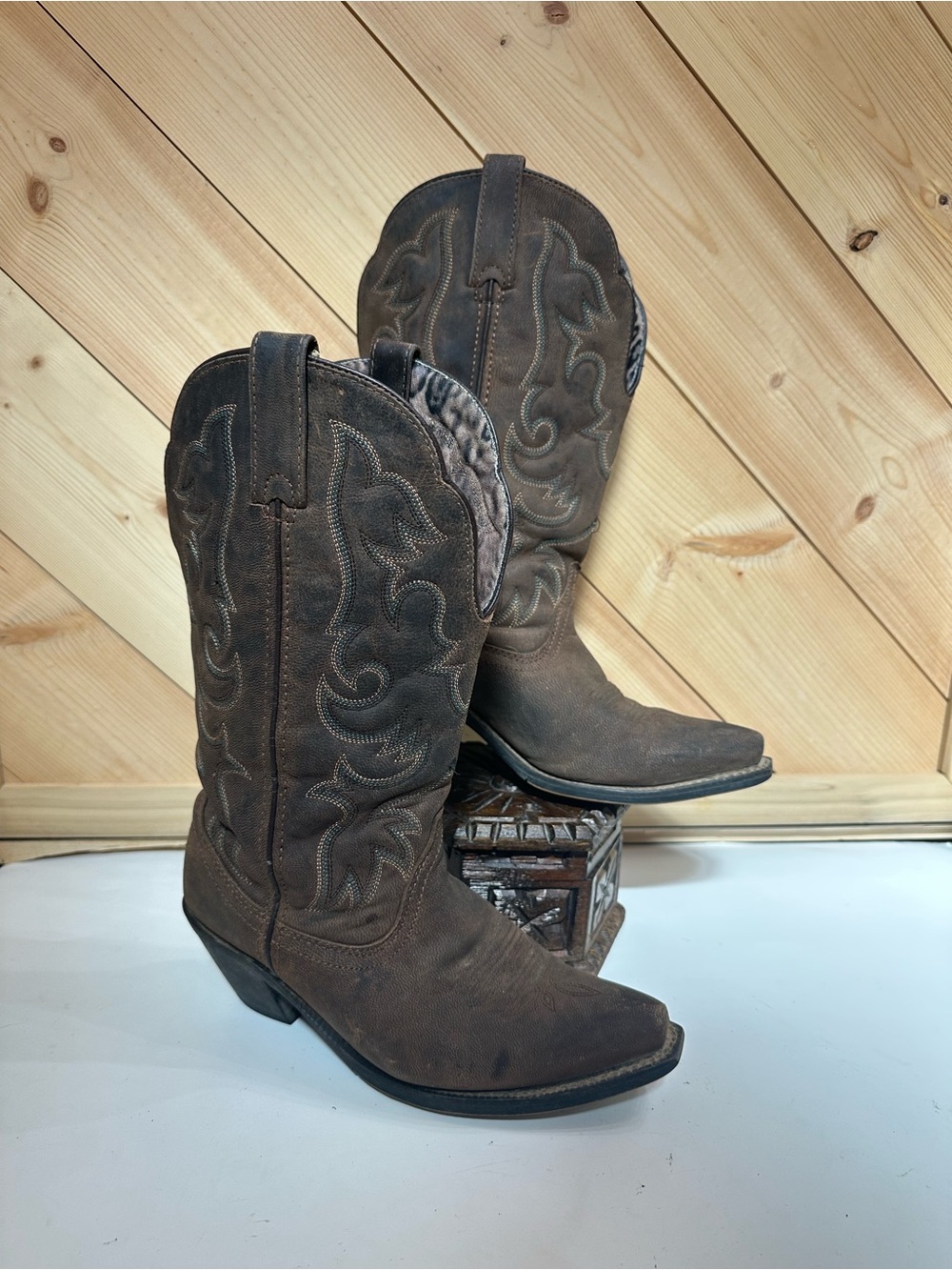 Laredo Lea Vamp Fox 5763 Brown Leather Pull-On Western Cowgirl Boots Women's 7.5